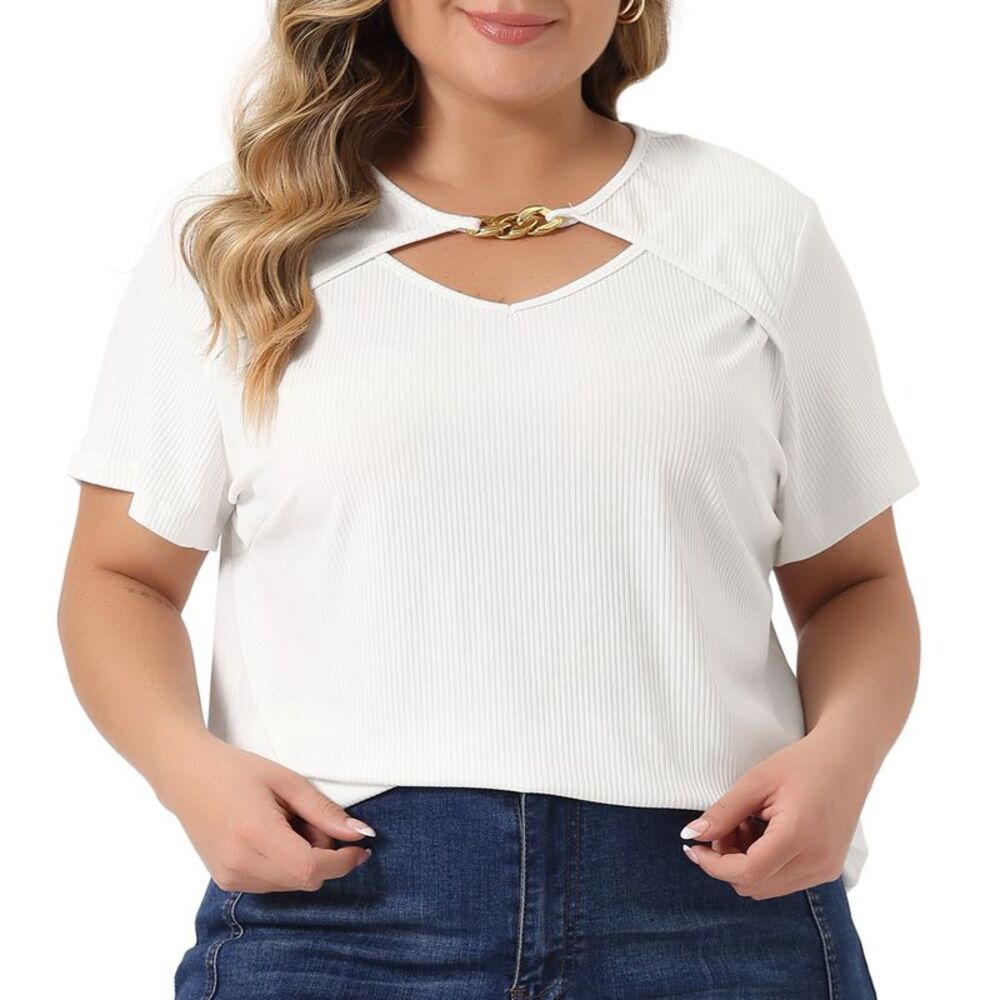 Plus Size Short Sleeve Metal Chain Crop Tops Cutout Bodycon T-Shirts White